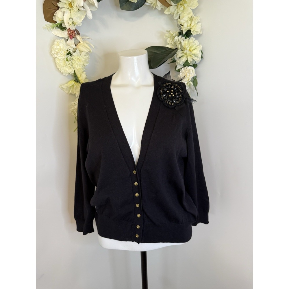 Apostrophe Sweater Cardigan Black with Feather Beads Pin 3/4 Sleeve Gold Buttons